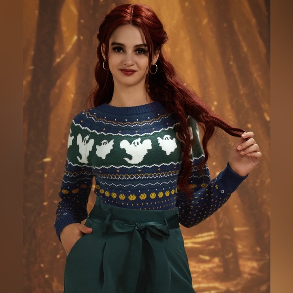 Modcloth Happy Hauntings Fair Isle Sweater Ghost Pumpkin Halloween XL - Picture 2 of 8